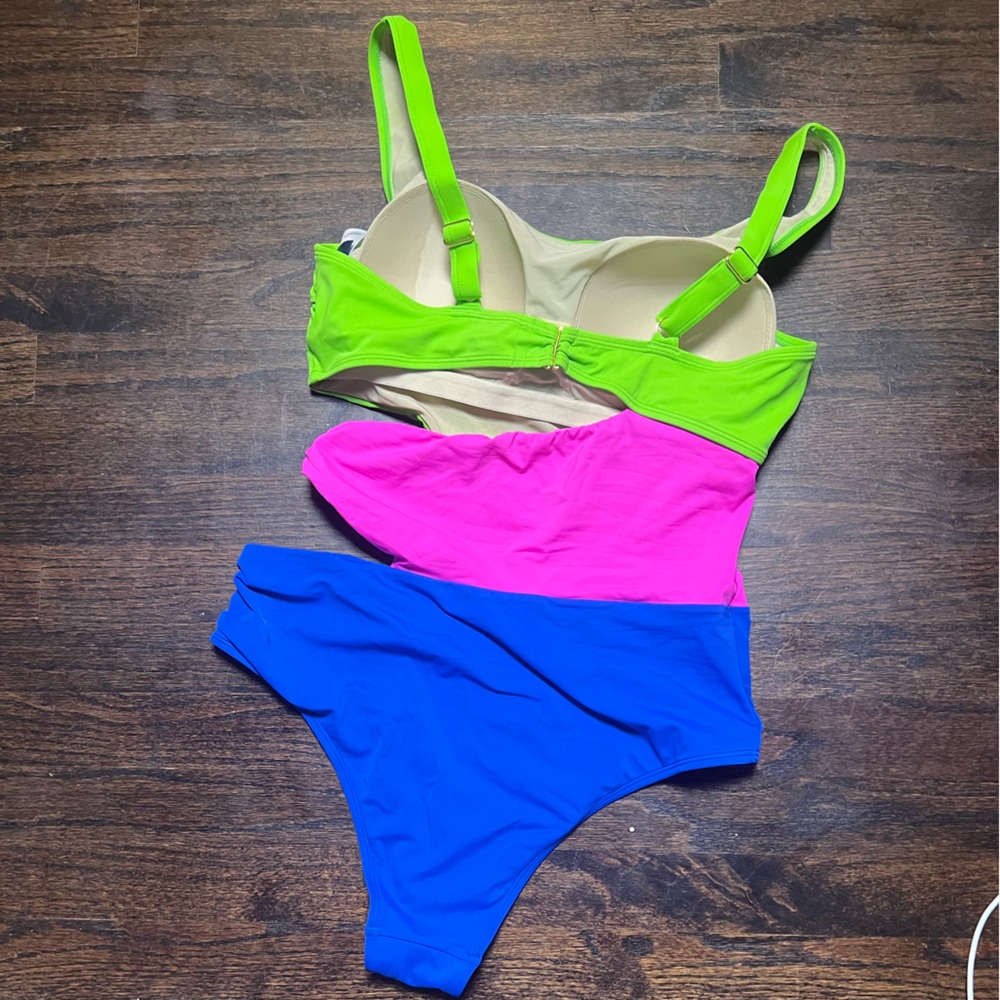 Swimsuits for All , size 12 lime hot pink and bright blue color block swimsuit - Picture 6 of 13